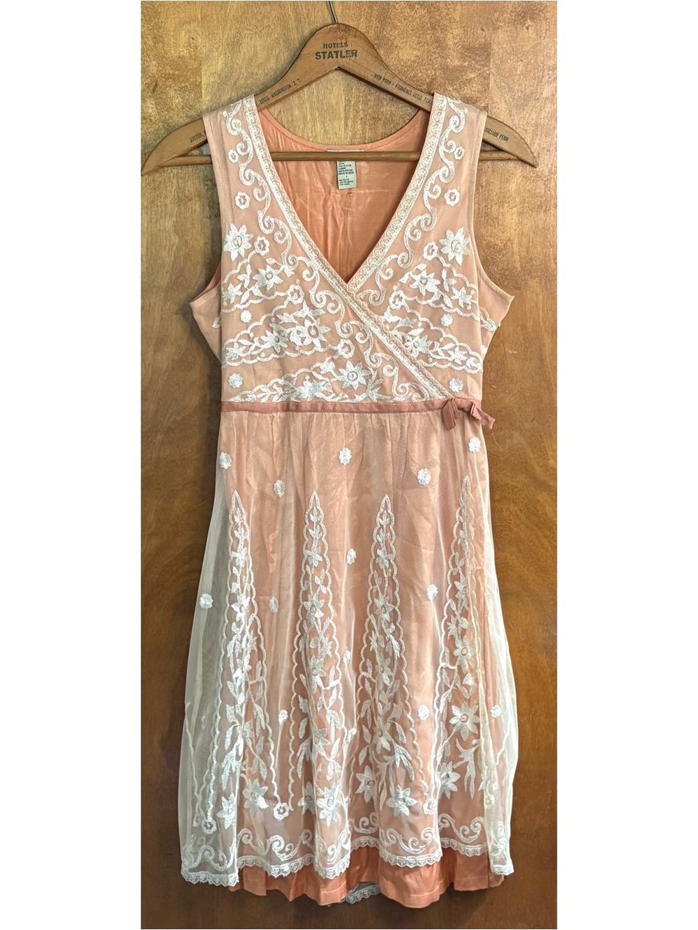 Anthropologie Odille Peach Pink Floral Embroidered Dress Sheer Mesh Wedding Boho